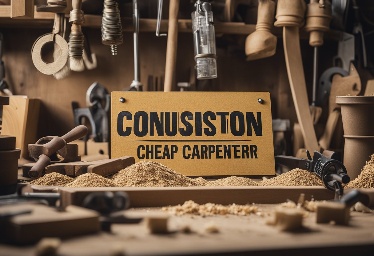 A cluttered workshop with sawdust and tools scattered around, a sign reading "Conclusion cheap carpenter singapore" hanging on the wall