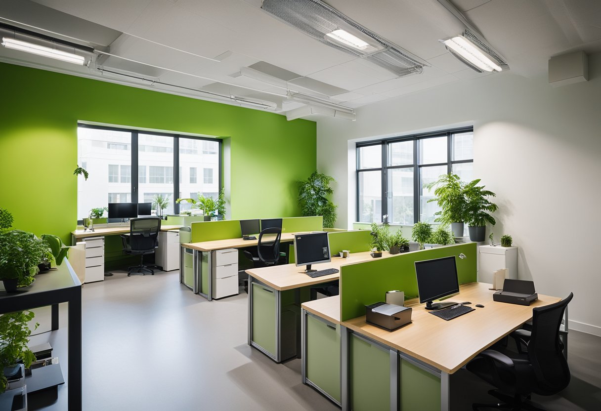 A bright green office with natural light, potted plants, and modern furniture. Functional storage and ergonomic workstations create a productive and visually appealing workspace