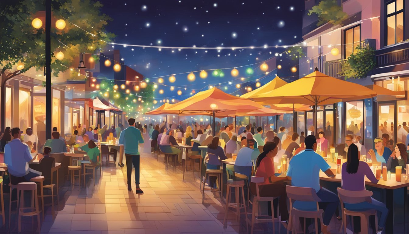 Colorful lights illuminate bustling Robertson Walk restaurants. Laughter and music fill the air, creating a lively atmosphere for nightlife and entertainment