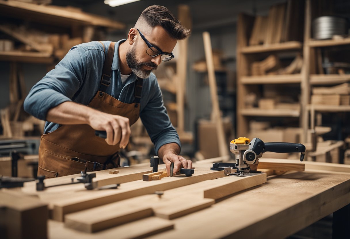 A carpenter carefully measuring and cutting wood, surrounded by various tools and materials in a well-lit workshop