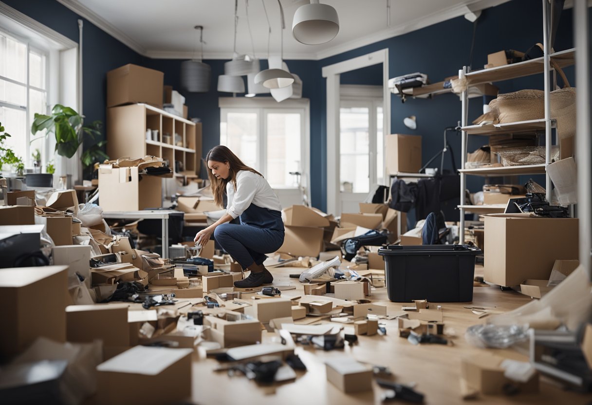 A cluttered room with disassembled Ikea furniture. A person follows a guide, sorting and organizing pieces for disposal