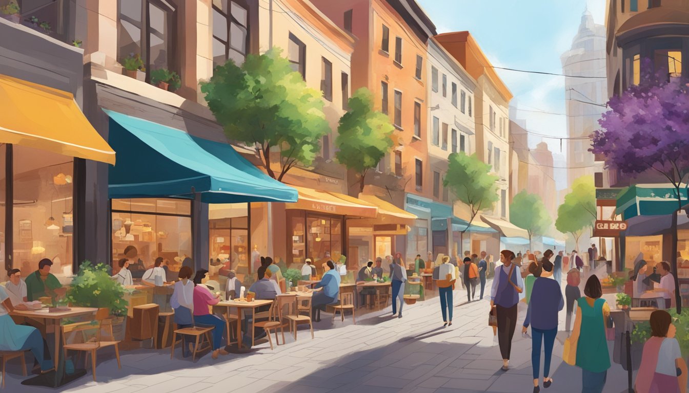 A bustling street lined with a variety of restaurants, with colorful signage and outdoor seating. Pedestrians walk by, while the aroma of different cuisines fills the air