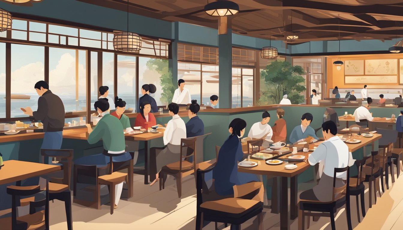 A bustling Japanese restaurant with modern decor, filled with diners enjoying sushi and sashimi. The staff are busy attending to tables and the open kitchen is alive with chefs preparing delicious dishes