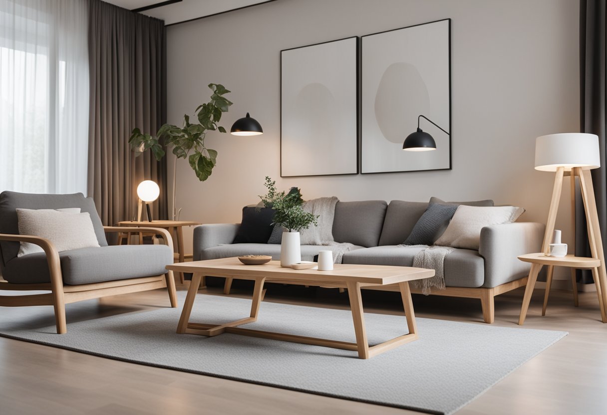 A cozy living room with minimalist Nordic furniture in Singapore. Clean lines, natural wood, and neutral colors create a serene and modern atmosphere