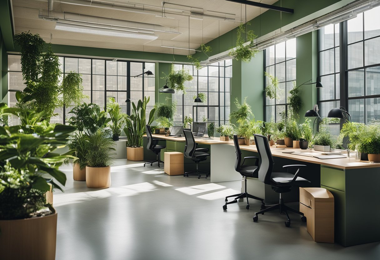 A modern green office with sleek furniture, potted plants, and natural light streaming in through large windows. Eco-friendly materials and minimalist design create a calming and sustainable workspace