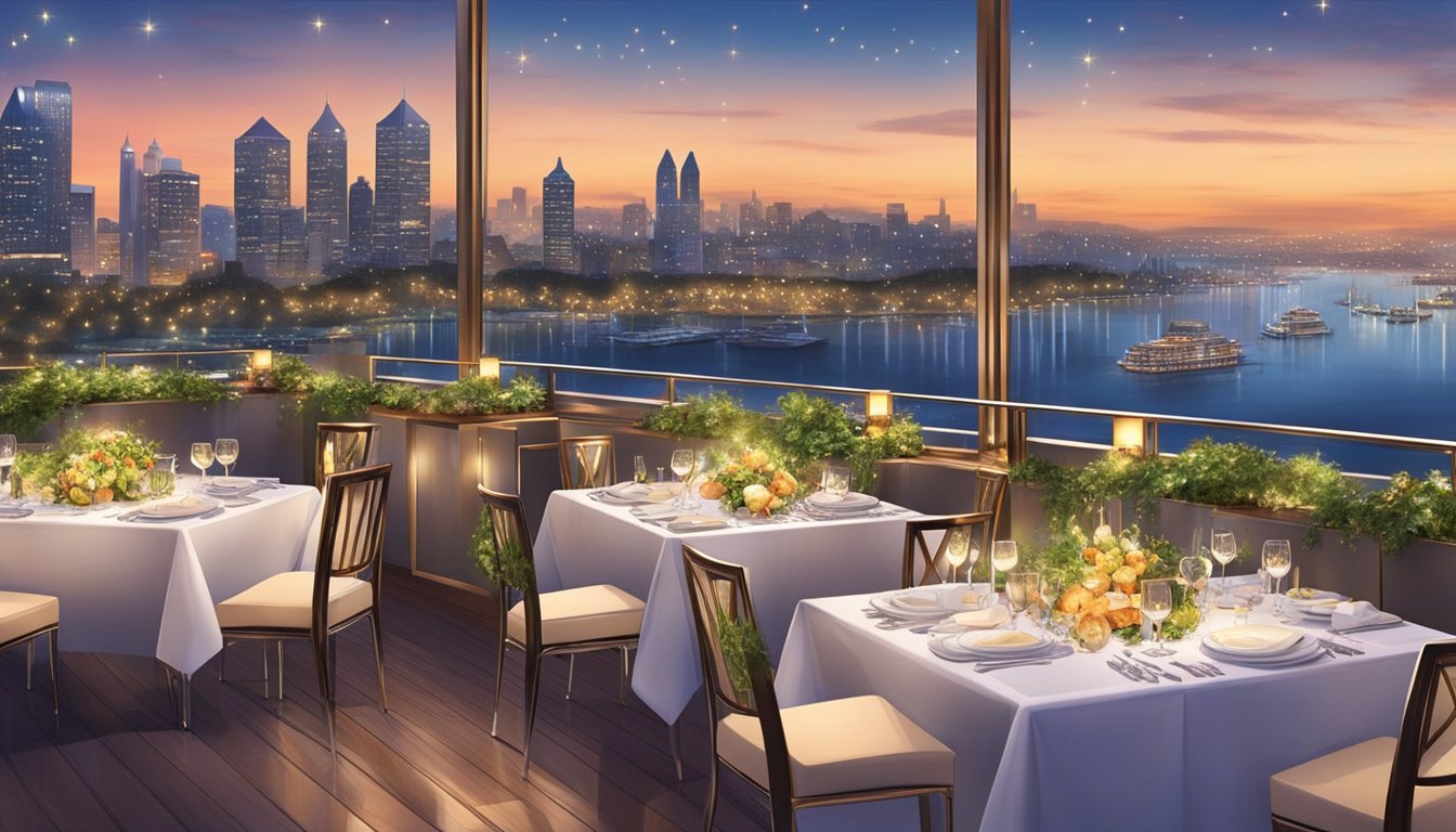 A lavish rooftop restaurant overlooks a glittering city skyline. Tables are adorned with elegant tableware, surrounded by lush greenery and twinkling lights. A sumptuous spread of gourmet dishes awaits diners, with a backdrop of the stunning marina