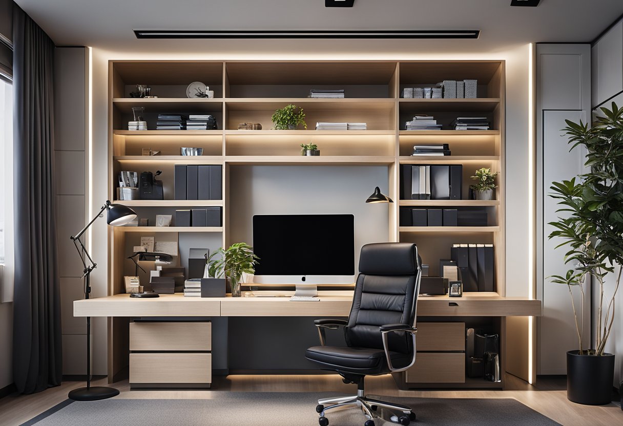 A modern home office in Singapore with sleek furniture, including a spacious desk, ergonomic chair, and organized storage solutions