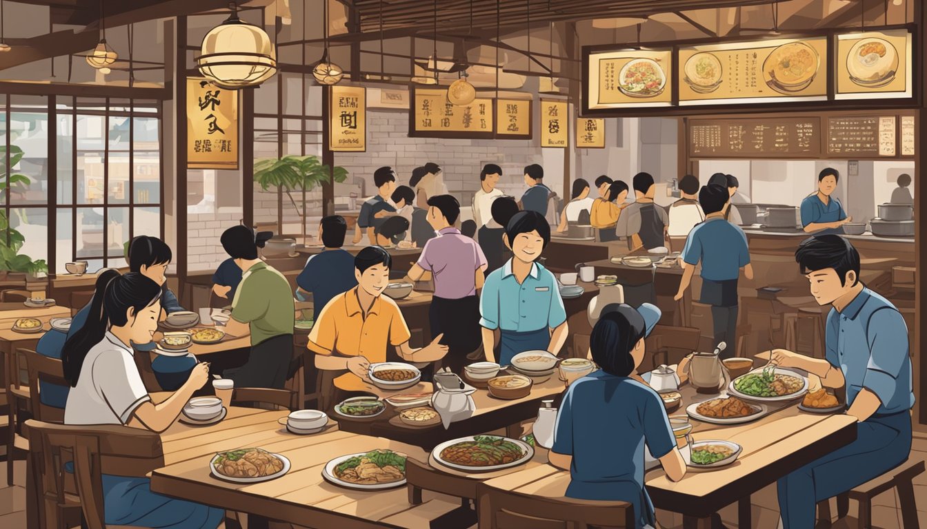 A bustling restaurant with steaming bowls of bak kut teh, customers chatting, and staff serving dishes. Signs and menus display "Frequently Asked Questions" logo