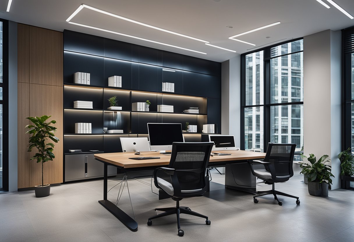 A modern office space with sleek furniture, large windows, and minimalist decor. Blueprints and design software are scattered on the desk