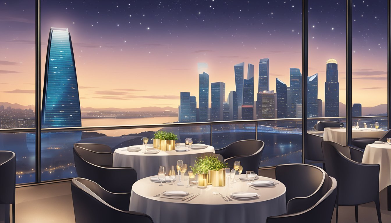 A panoramic view of Marina Bay Sands rooftop restaurant with elegant table settings, sparkling city lights, and a stunning skyline backdrop