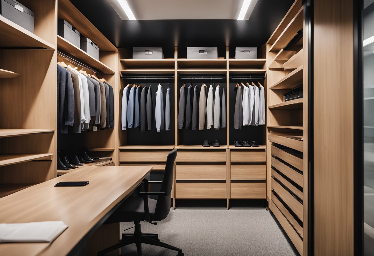 The office closet is organized with shelves, drawers, and hanging space. The color scheme is neutral with a mix of wood and metal accents