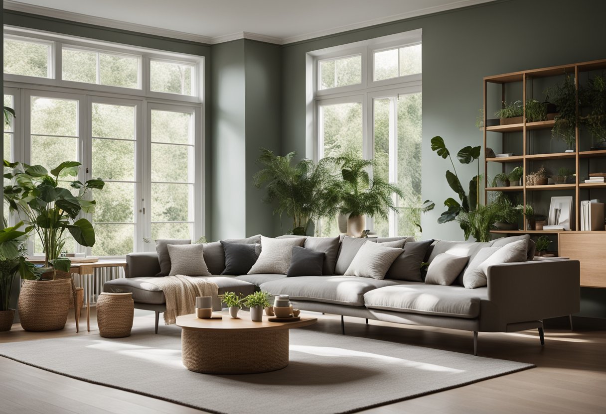 A cozy living room with minimalist Nordic furniture, featuring clean lines, natural materials, and a neutral color palette, set against a backdrop of lush greenery and large windows allowing natural light to flood the space