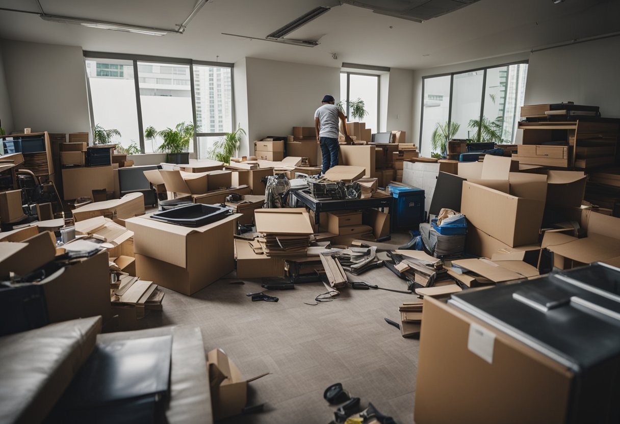 A cluttered room with old IKEA furniture being removed by a professional service in Singapore. The furniture is being carefully disassembled and loaded onto a truck for disposal or recycling