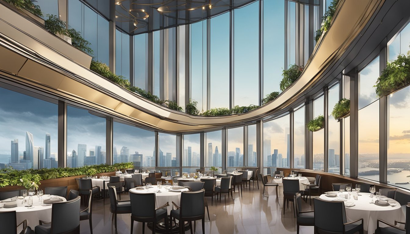 The rooftop restaurant at Marina Bay Sands is bustling with diners enjoying panoramic views of the city skyline and waterfront. The elegant and modern decor creates a sophisticated atmosphere for guests to savor their meals