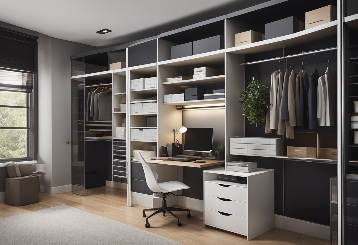 A sleek, organized office closet with built-in shelves, drawers, and a sliding door. A desk and chair fit snugly inside, with space for files and supplies neatly arranged