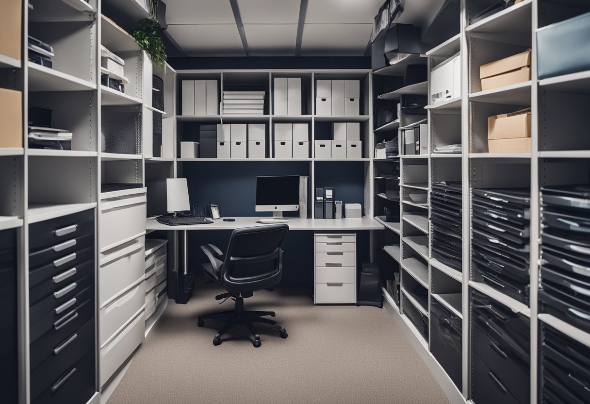 A spacious and well-organized office closet with adjustable shelves, ample storage, and ergonomic chair for maximum productivity and comfort
