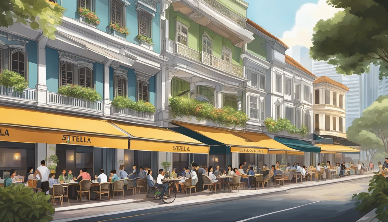 The bustling streets of Singapore surround Stella restaurant, with its elegant facade and vibrant outdoor seating