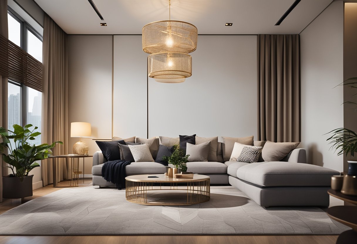 A cozy living room with a comfortable sofa, stylish coffee table, soft rug, and elegant floor lamp from budget furniture stores in Singapore