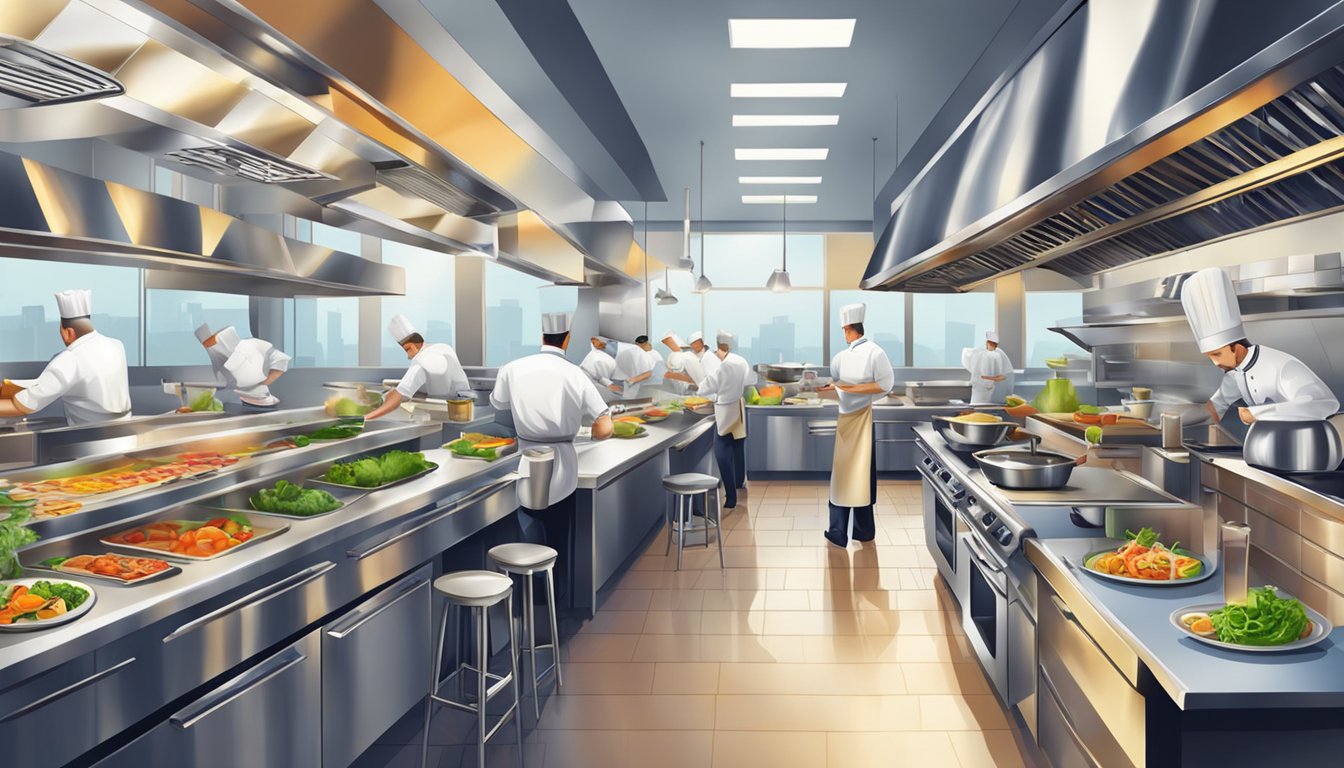 A bustling kitchen with chefs preparing colorful dishes in a modern restaurant setting