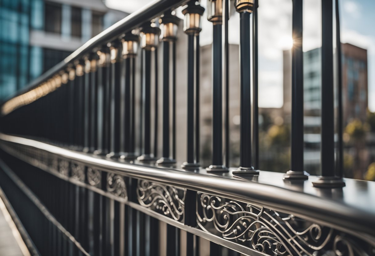 A sleek steel railing with intricate glass designs adorning a modern balcony