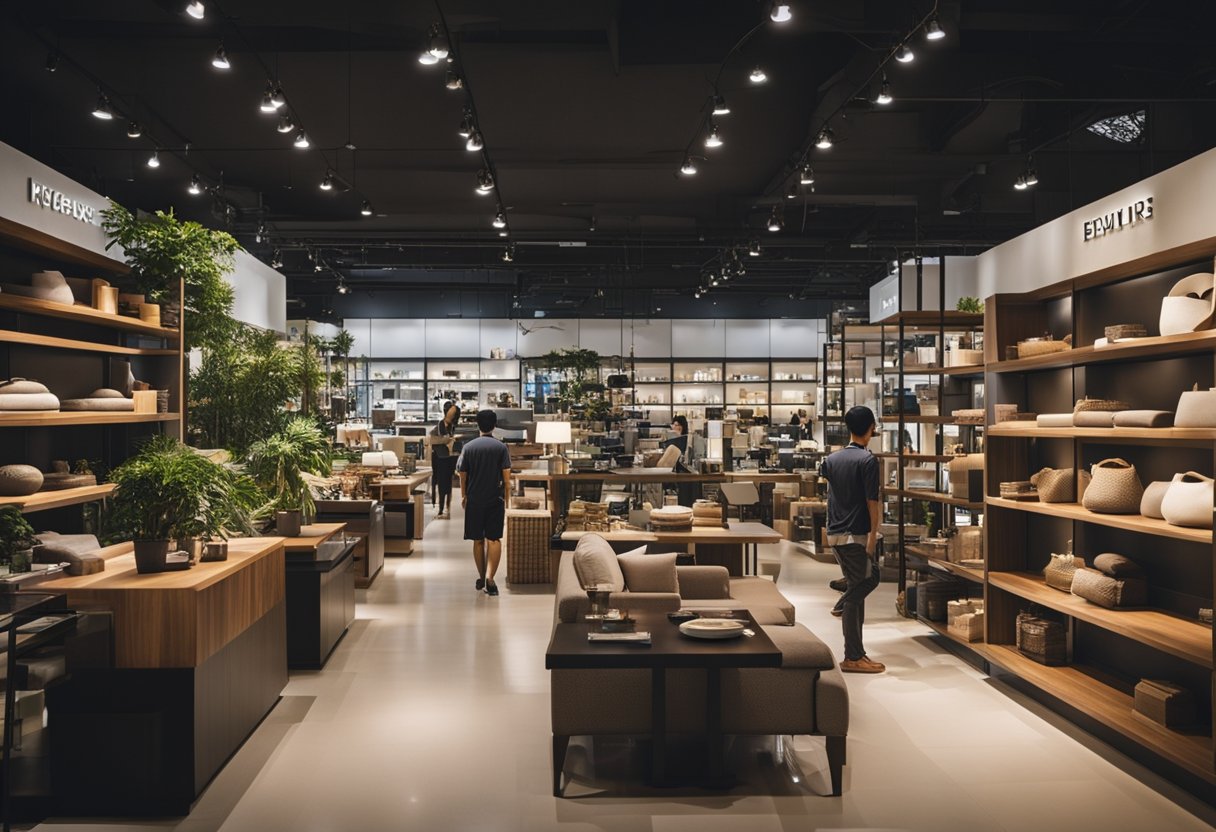 A bustling furniture store in Singapore, with customers browsing through budget-friendly items. Shelves are stocked with various home furnishings, and staff are on hand to assist with any inquiries