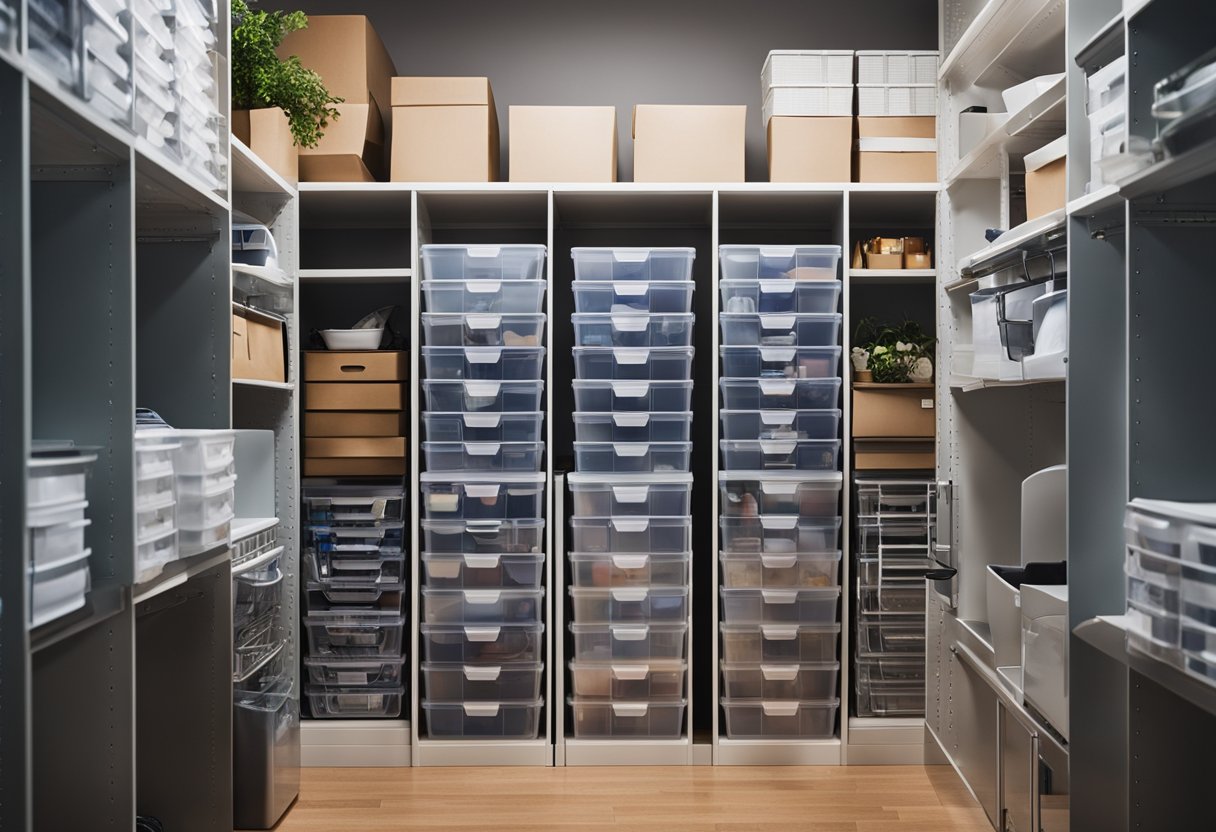The office closet is organized with labeled shelves and storage bins. A step stool is tucked away for easy access