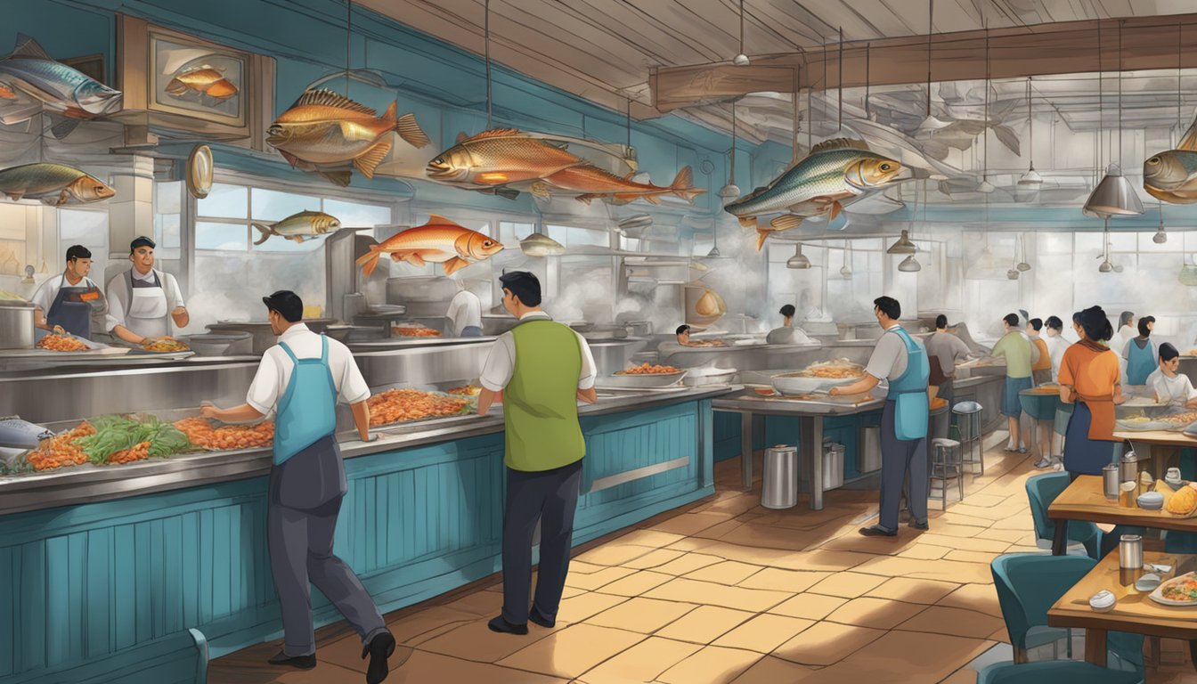 A bustling seafood restaurant with colorful tanks of live fish, bustling waitstaff, and steaming pots of boiling water
