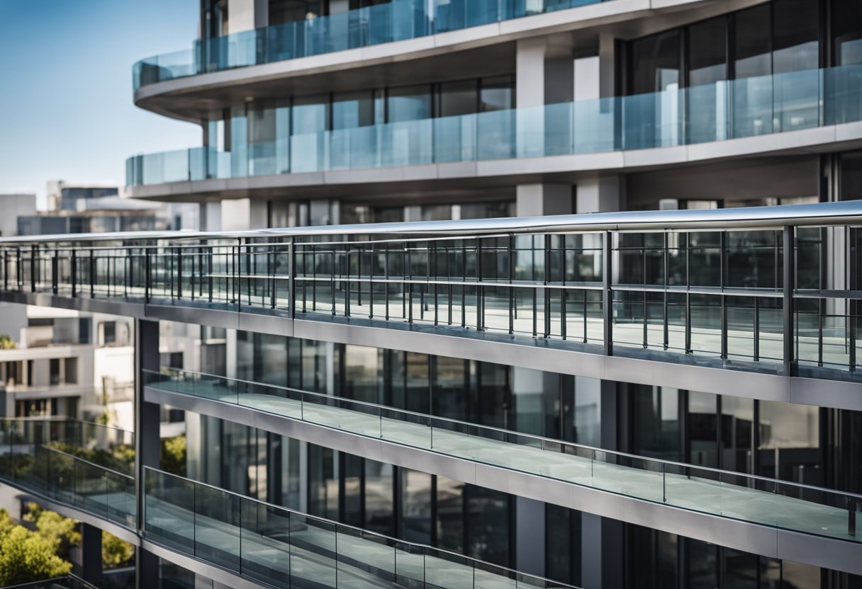 Steel railing with glass panels installed on balcony. Clear, sleek design with secure fastenings. Outdoor setting with surrounding buildings