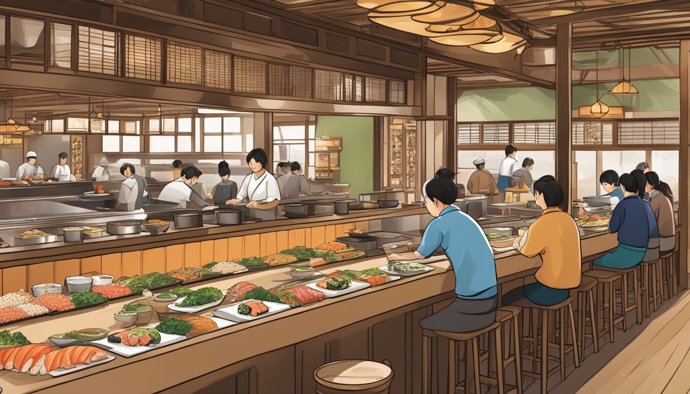 A bustling Japanese restaurant with traditional decor and a sushi bar. Customers enjoy their meals while chefs skillfully prepare fresh sushi and sashimi