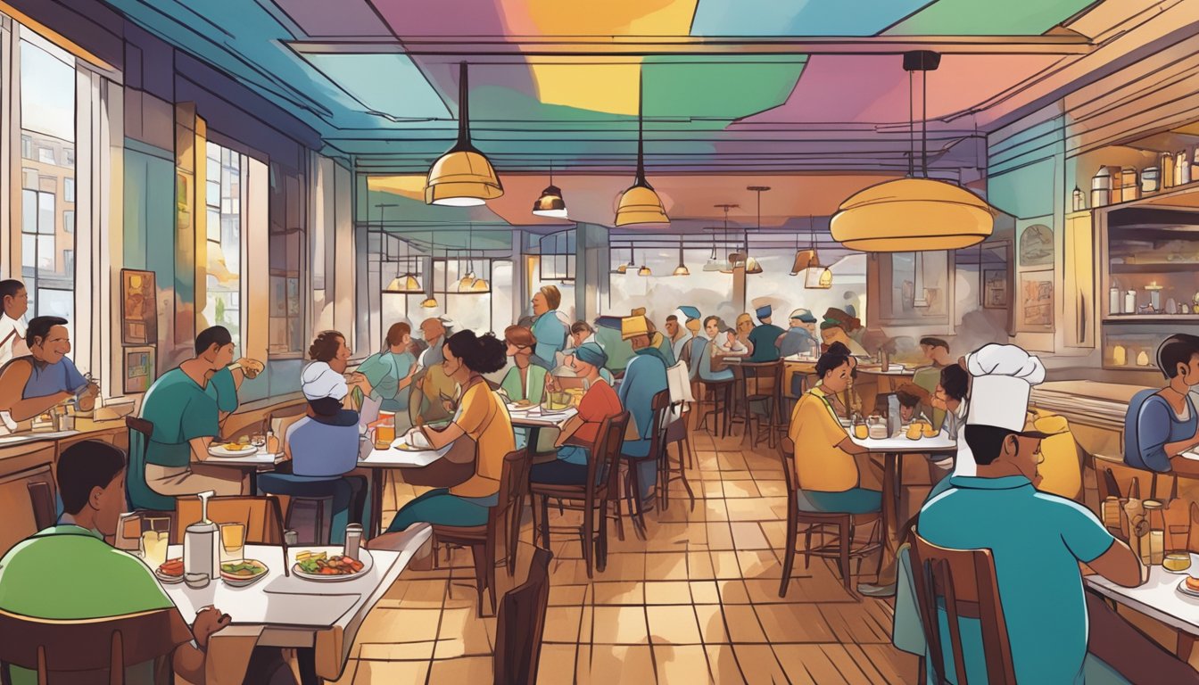 A bustling restaurant with colorful decor, steaming dishes, and happy diners enjoying their meals