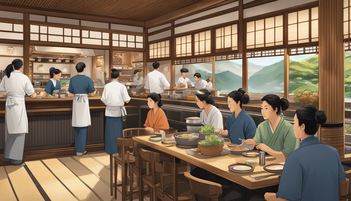 A bustling Japanese restaurant with customers enjoying food and drinks. A chef prepares sushi behind the counter while waitstaff attend to tables. Traditional decor and Japanese artwork adorn the walls