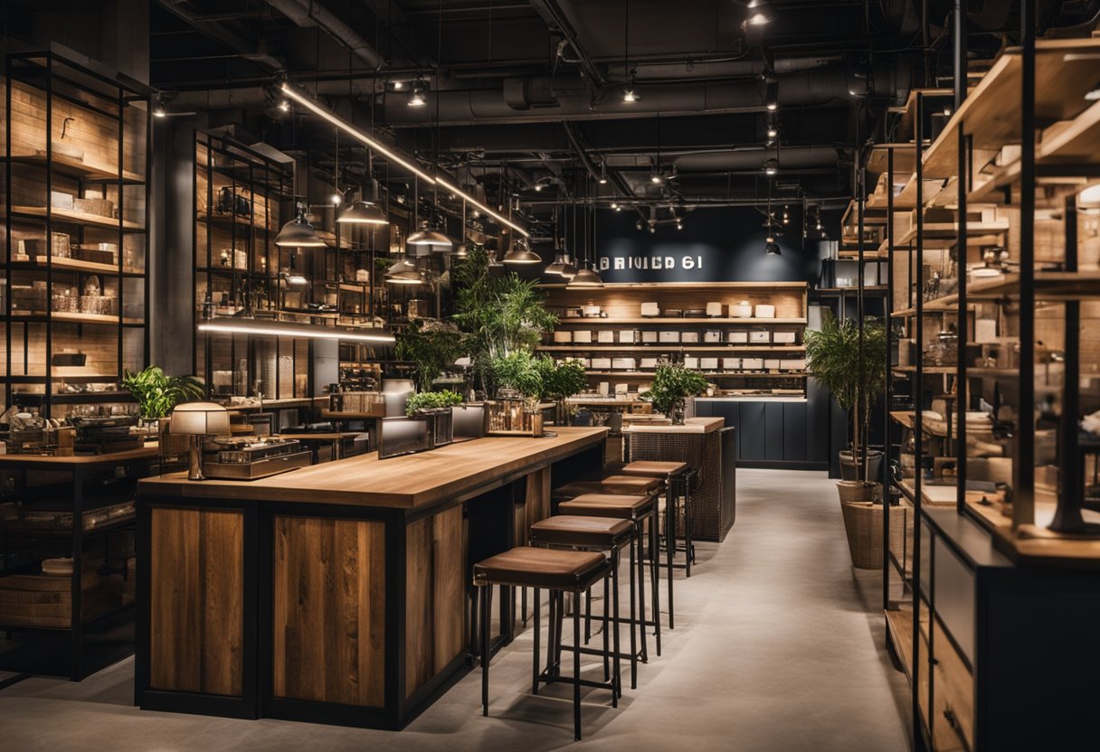 An industrial-themed furniture store in Singapore with metal and wood fixtures, exposed pipes, and modern lighting