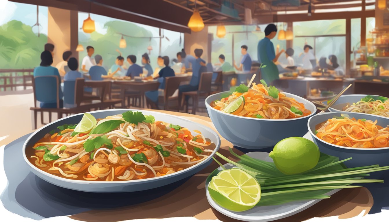 A bustling Thai restaurant with vibrant decor, steaming plates of pad thai, and the aroma of lemongrass and chili filling the air