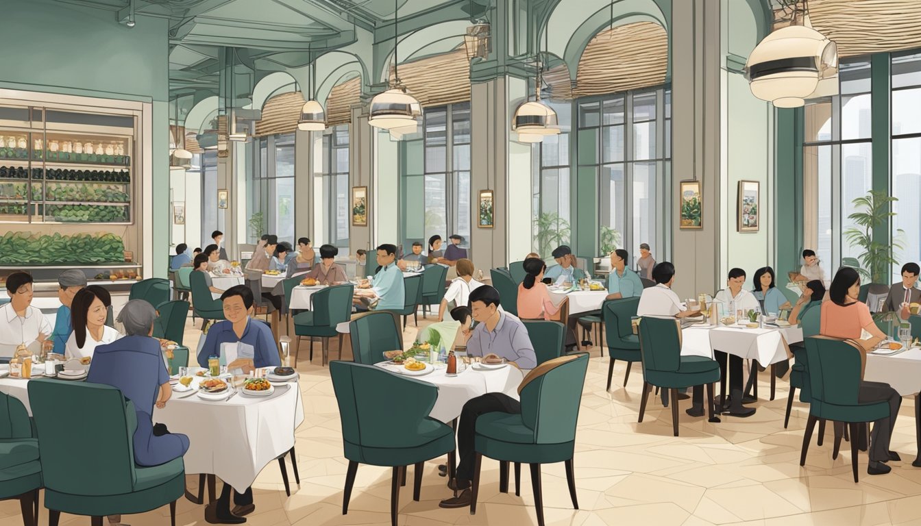 The bustling dining area of Stella Restaurant in Singapore, with patrons enjoying their meals and staff attending to their needs