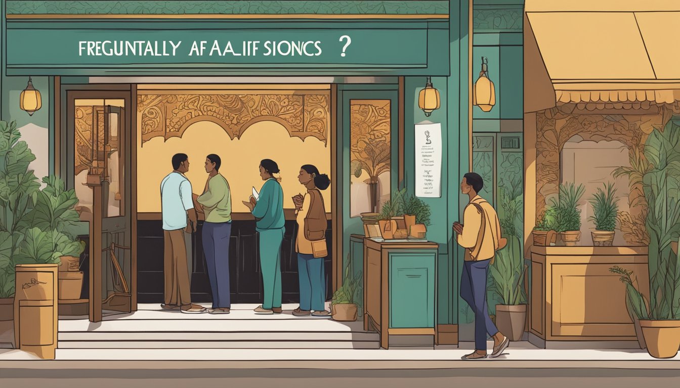 Customers line up at Alif restaurant's entrance, reading a sign that says "Frequently Asked Questions." The aroma of exotic spices fills the air