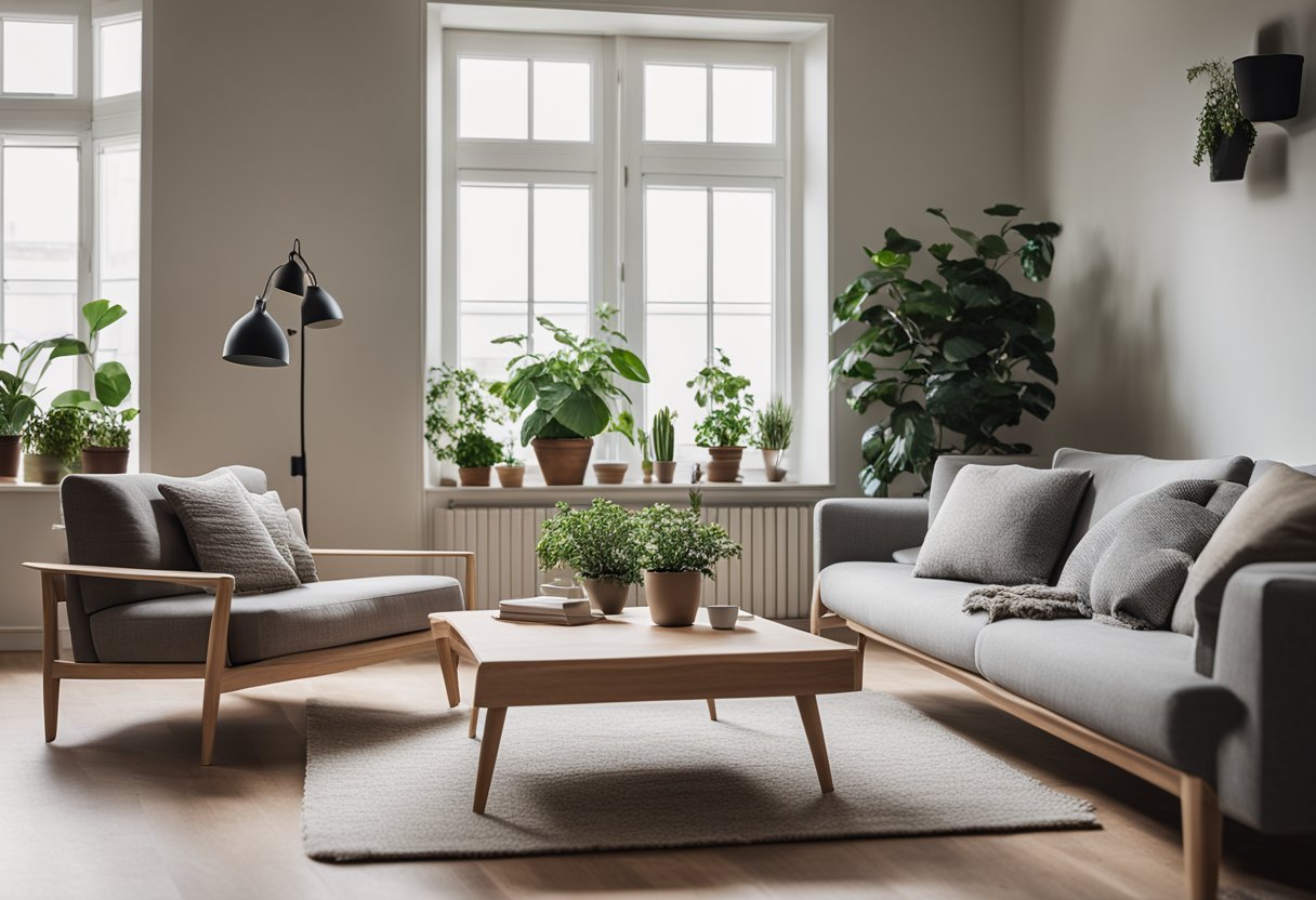 A cozy living room with minimalist Nordic furniture, including a sleek sofa, a wooden coffee table, and a stylish armchair. A large window lets in natural light, and a potted plant adds a touch of greenery