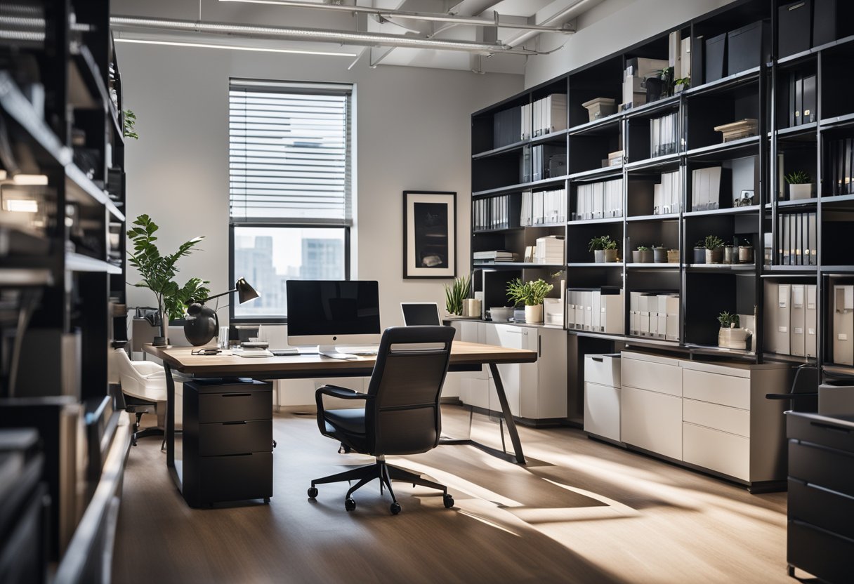 A modern office space with clean lines, bright lighting, and comfortable seating. A large desk with a computer and phone, surrounded by shelves of organized files and office supplies
