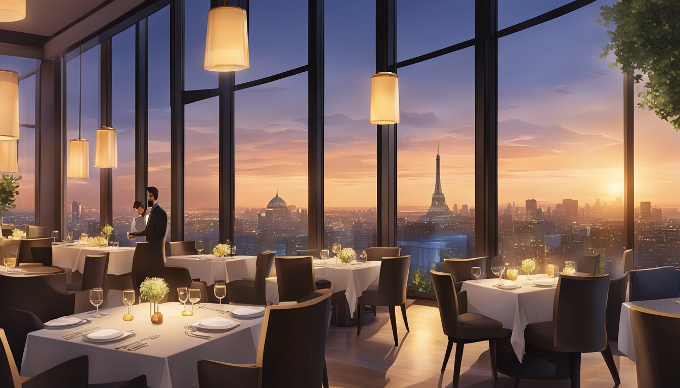 The elegant Luce restaurant features warm lighting, modern decor, and panoramic city views