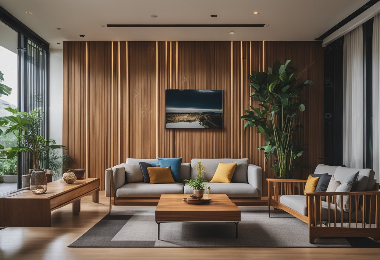 A serene living room with a beautiful teak wood furniture set in Singapore