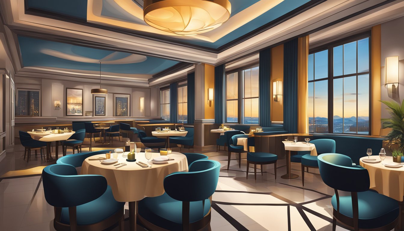A modern, elegant restaurant with warm lighting, sleek furniture, and a vibrant atmosphere