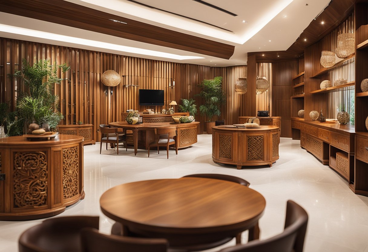 A spacious showroom with elegant Kayu Jati furniture arranged in modern and traditional styles. Natural light floods the space, highlighting the rich wood grains and intricate designs