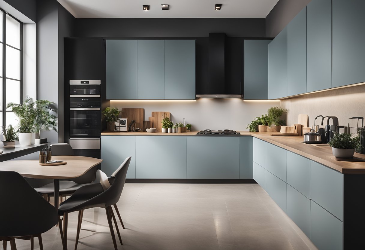 A sleek, modern kitchen cabinet with a clean, minimalist design, showcasing a well-organized table top with neatly arranged frequently asked questions materials