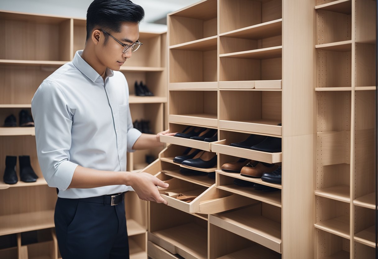 A carpenter in Singapore constructs a sleek shoe cabinet with multiple shelves and compartments, using precise measurements and skilled craftsmanship
