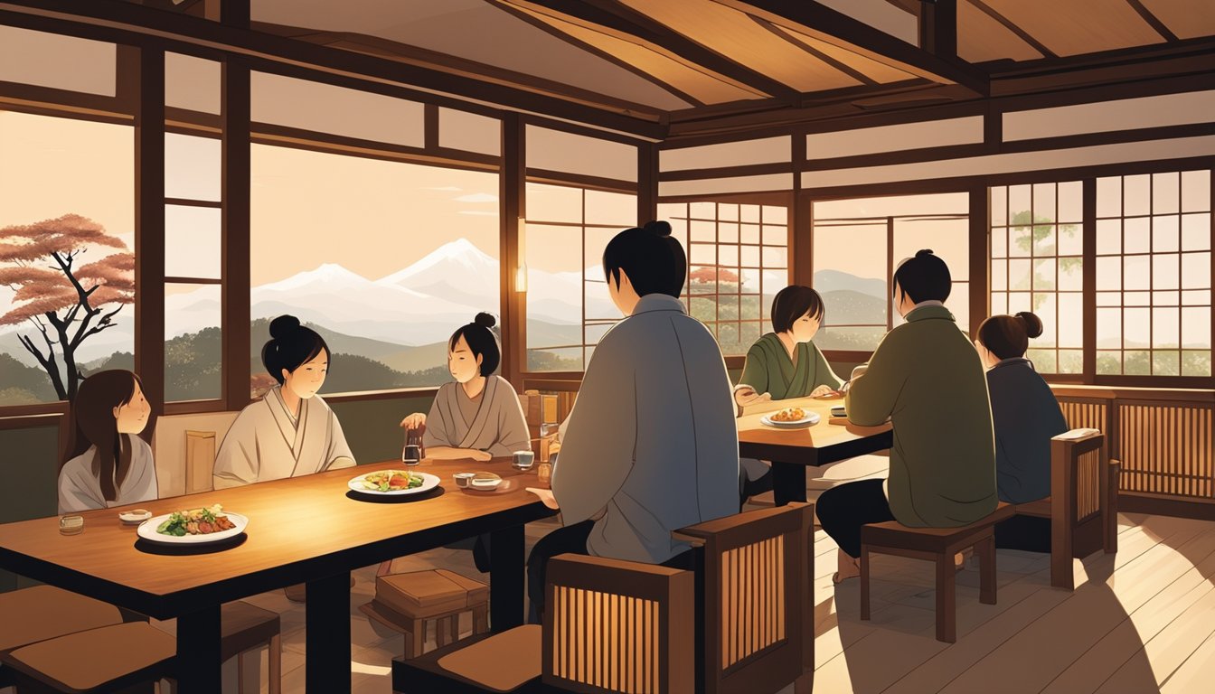 Customers enjoying traditional Japanese cuisine at Takayama Restaurant. Warm lighting, wooden decor, and a serene atmosphere