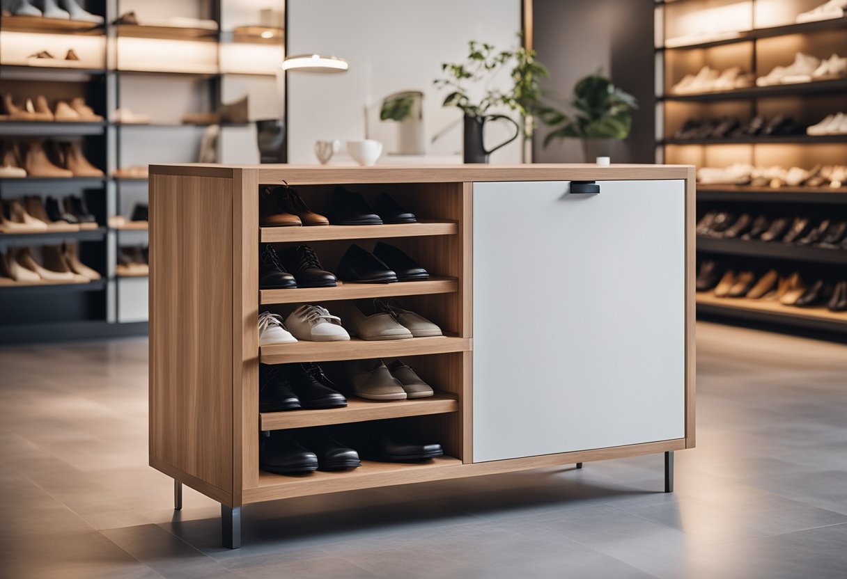 A sleek, modern shoe cabinet stands against a clean, minimalist backdrop. The cabinet is made of high-quality wood with ample shelving and sleek, metal handles