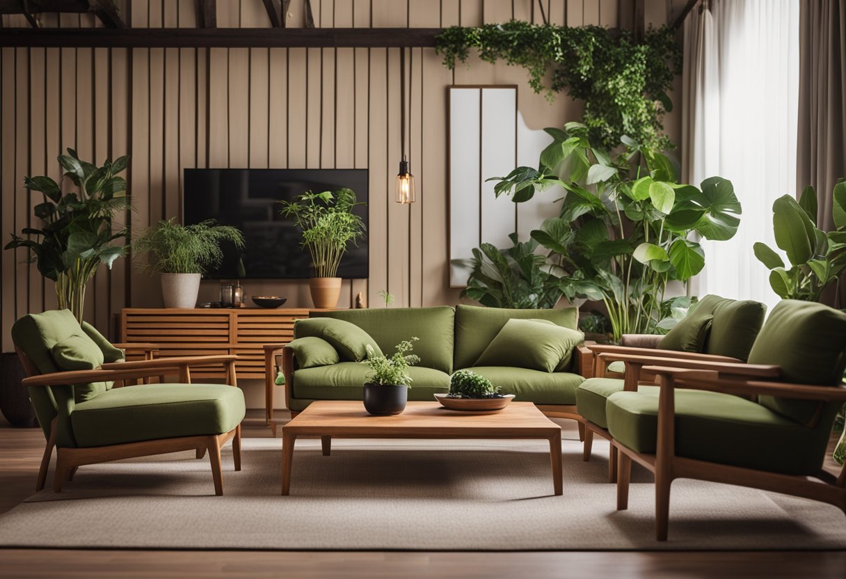A cozy living room with a beautiful teak wood furniture set, including a coffee table, sofa, and armchair. The room is filled with warm natural light and adorned with lush green plants