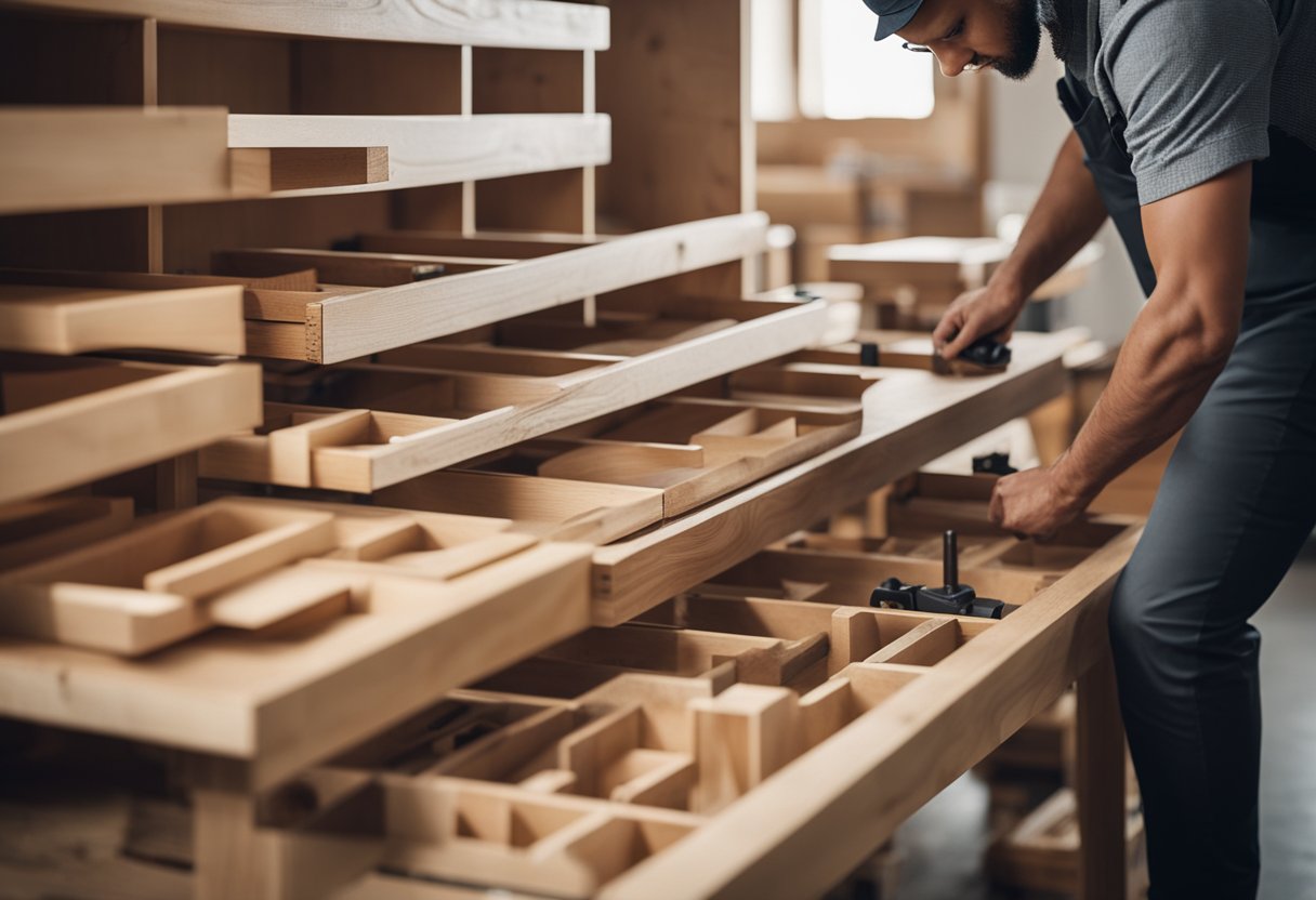 A carpenter constructs a sleek shoe cabinet in a well-lit workshop, carefully measuring and cutting wood, assembling the pieces with precision
