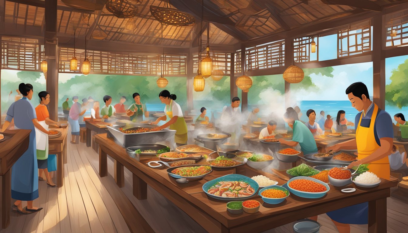 A bustling Thai seafood restaurant with colorful decor, steaming pots, and sizzling grills. Aromatic spices fill the air as patrons enjoy their meals at wooden tables