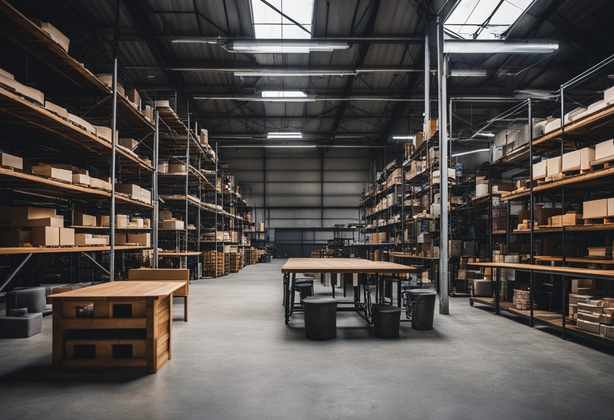 A warehouse-style space in Singapore filled with metal and wood furniture, exposed pipes, and raw concrete walls