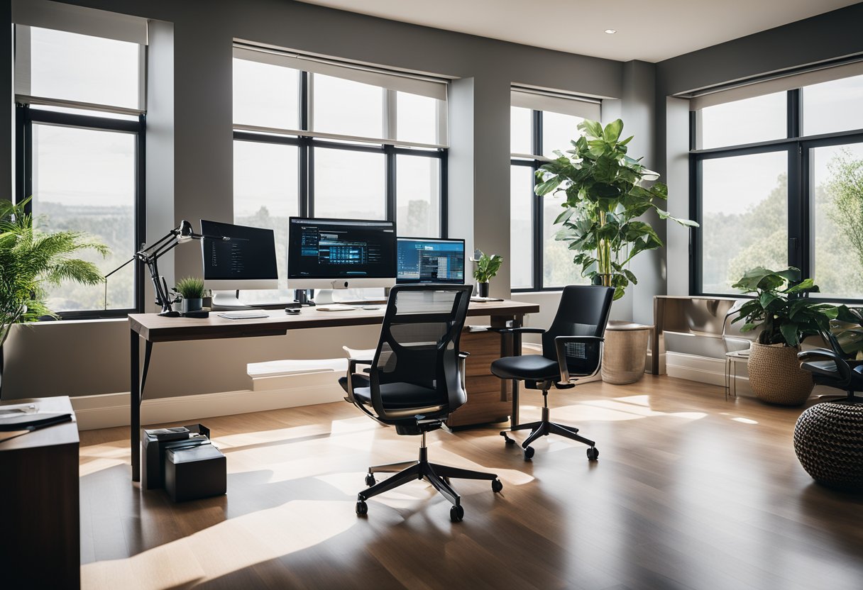 A modern home office with sleek desk, multiple computer screens, ergonomic chair, and personalized decor. Natural light streams in through large windows, creating a bright and inviting trading space